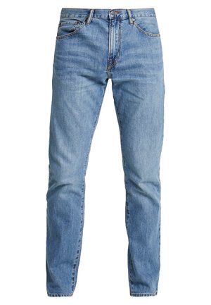 Light blue denim jeans with a straight fit, five-pocket design, and a button and zip fly closure. Features subtle stitching and no distressing.