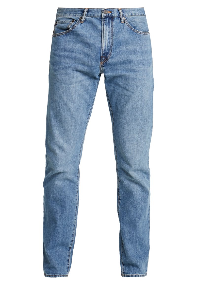 Hellblaue Denim-Jeans mit geradem Schnitt, Fünf-Taschen-Design und einem Knopf- und Reißverschluss. Mit feinem Nähen und ohne Used-Effekte.