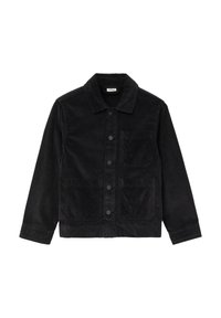 Schwarze Cordjacke mit Knopfverschluss, Kentkragen und zwei Fronttaschen. Aus strukturiertem Stoff und in regulärer Passform.
