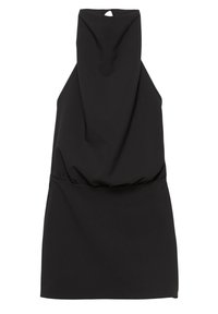 Schwarzes ärmelloses Kleid mit hohem Kragen und gerafftem Taillenbereich, gefertigt aus einem glatten Stoff, mit einem Schlüsselaugenverschluss auf der Rückseite.