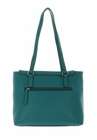 Sac fourre-tout en cuir bleu sarcelle avec deux longues poignées, une poche zippée à l'avant et une texture lisse. Détails de couture le long des bords.