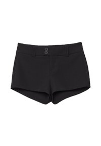 Shorts noirs en tissu lisse, avec une coupe ajustée, une fermeture à double bouton et un ourlet net. Style classique et minimaliste.
