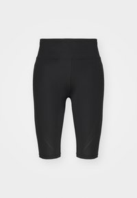 Pantaloncini sportivi neri realizzati in tessuto elasticizzato. Presentano una vita alta e un motivo a righe diagonali sottili sui lati. Design aderente.