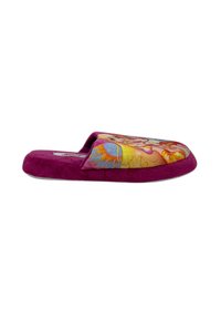 Pantofole viola con un colorato design floreale sulla parte superiore, tessuto morbido, suola testurizzata e stile con retro chiuso per un maggiore comfort.