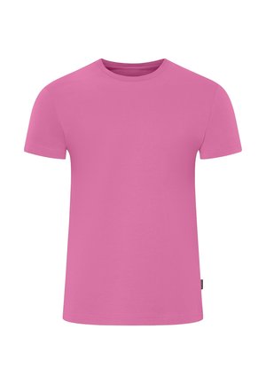 Kurzärmliges T-Shirt in einfarbigem Pink, aus weichem Baumwollstoff, mit Rundhalsausschnitt und geradem Saum, ohne Muster oder Akzente.