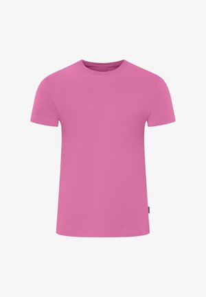 Kurzärmliges T-Shirt in einfarbigem Pink, aus weichem Baumwollstoff, mit Rundhalsausschnitt und geradem Saum, ohne Muster oder Akzente.