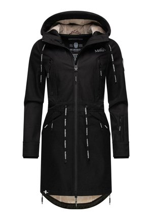 Manteau long noir avec une capuche, comportant plusieurs poches zippées, une doublure intérieure et des détails de logo. Tissu au toucher lisse.