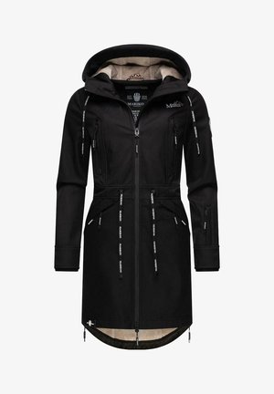 Fekete, hosszú kabát kapucnival, több cipzáras zsebbel, bélésbéléssel és logó részletekkel. Az anyag sima textúrájú.