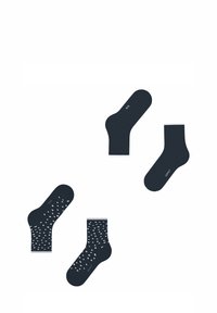 Dunkelblaue Socken mit verschiedenen Mustern: einfarbig, mit Punkten und Streifen. Hergestellt aus weichem Material, mit verstärkten Fersen und Zehen.