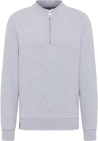 Grauer Pullover mit Kragen, halbem Reißverschluss vorne, gerippten Bündchen und Saum, aus weichem Fleece-Material. Einfaches Design, keine Muster.