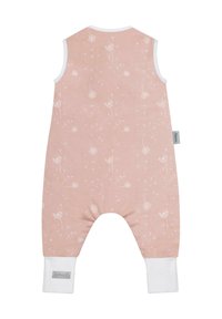 Blassrosa Baumwoll-Ärmelloses Jumpsuit mit weißem Löwenzahn-Druck. Verfügt über einen weißen gerippten Ausschnitt und elastische Bündchen an den Beinen.