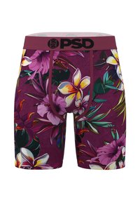 Boxer da uomo color granata con grande stampa floreale vivace in viola, giallo, bianco e verde, con logo PSD nero sulla cintura.