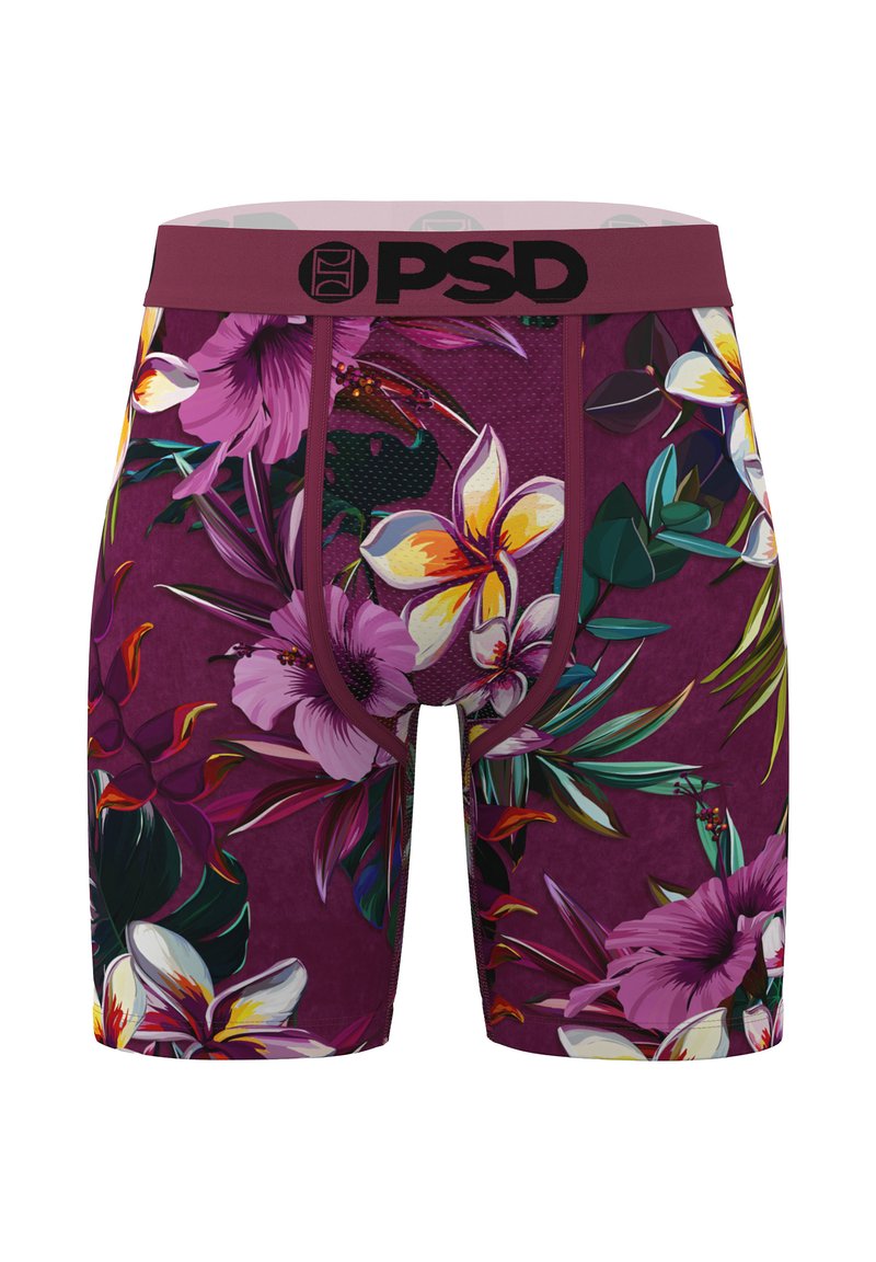 Boxer da uomo color granata con grande stampa floreale vivace in viola, giallo, bianco e verde, con logo PSD nero sulla cintura.