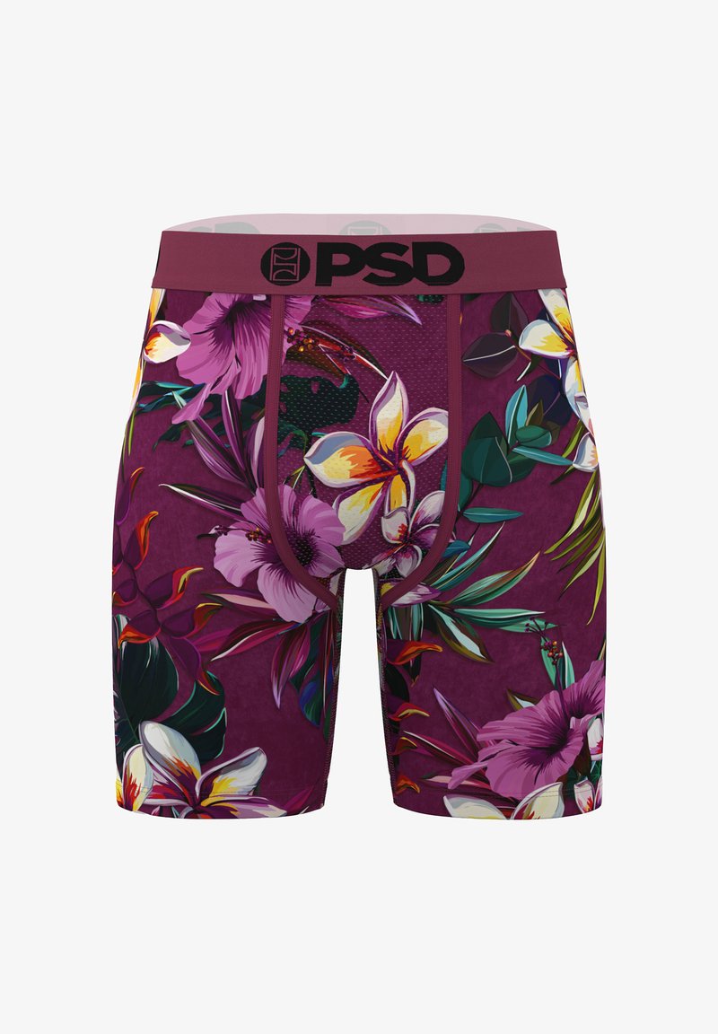 Boxer da uomo color granata con grande stampa floreale vivace in viola, giallo, bianco e verde, con logo PSD nero sulla cintura.