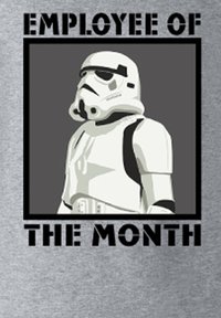 Szturmowiec w białej zbroi otoczony tekstem "Pracownik miesiąca" na szarym tle.