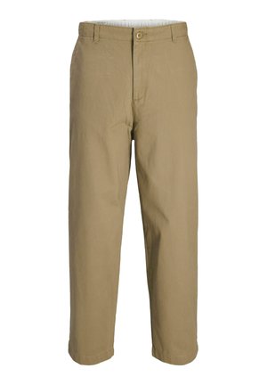 Pantalon beige à coupe droite avec fermeture par bouton et zip, passants pour ceinture et doublure intérieure blanche visible à la taille.