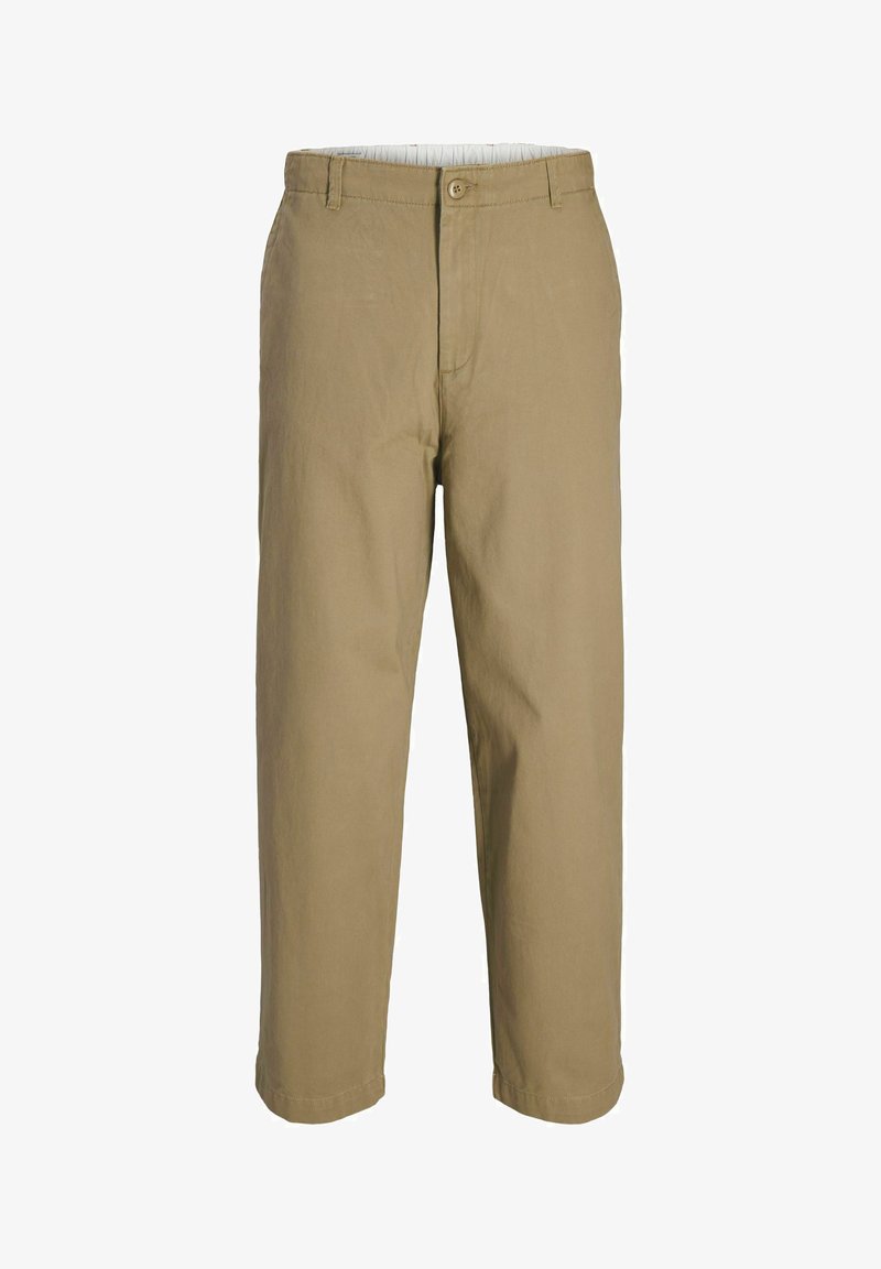 Pantalon beige à coupe droite avec fermeture par bouton et zip, passants pour ceinture et doublure intérieure blanche visible à la taille.