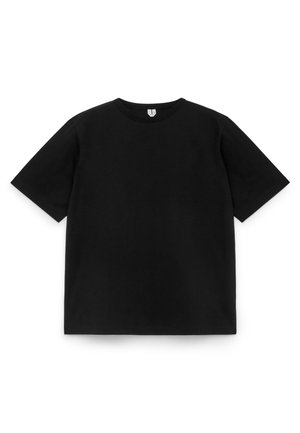 Plain black short-sleeve crew neck t-shirt laid flat on a white background, showing front view with no visible logos or designs.