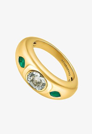Anillo de oro con un diseño suave y redondeado. Presenta una gran piedra preciosa transparente rodeada de dos piedras decorativas verdes. Acabado pulido.