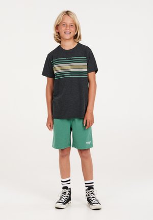 T-shirt grigia con strisce orizzontali verdi e gialle, abbinata a pantaloni corti verdi e scarpe alte nere con suola bianca e calzini a righe.