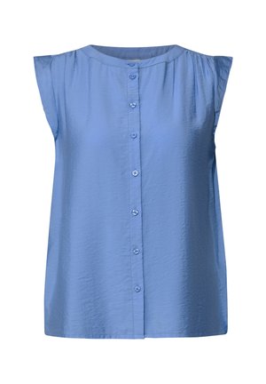Hellblaues ärmelloses Blusenshirt mit rundem Halsausschnitt und Knopfleiste vorn. Aus glattem Stoff mit feiner Struktur gefertigt.