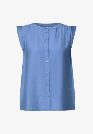 Hellblaues ärmelloses Blusenshirt mit rundem Halsausschnitt und Knopfleiste vorn. Aus glattem Stoff mit feiner Struktur gefertigt.
