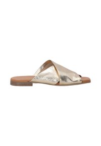 Metallic gold slide sandal with a crisscross design, open toe, flat sole, and light brown insole. Smooth texture, minimal hardware.