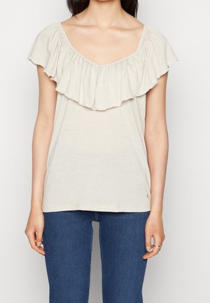 Lichtbeige t-shirt met een diepe V-hals en een brede, gerimpelde halslijn. Gemaakt van zachte stof, heeft korte mouwen en een losse pasvorm.