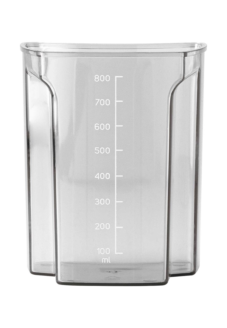 Průhledná obdélníková měrná nádoba s objemovými značkami od 100 ml do 800 ml na přední straně.