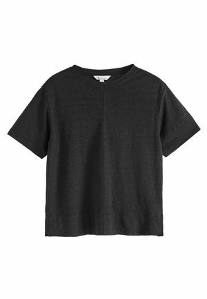 T-shirt noir à manches courtes et col rond avec une couture centrale verticale sur le devant.