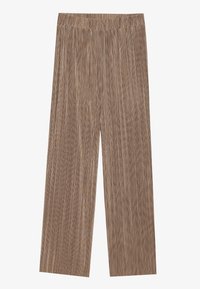 Bruine, geplooide wijde pijpen broek met een elastische tailleband en verticale strepen. Gemaakt van een gestructureerde stof met een zachte afwerking.