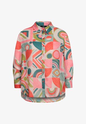 Barvna srajca s kratkimi rokavi z abstraktnim geometrijskim vzorcem v roza, zeleni in modri barvi, s klasičnim ovratnikom in dolgimi rokavi.