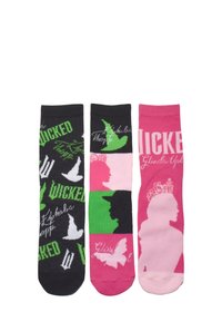 Tre paia di calzini: neri con testo e design verdi e bianchi, rosa con sagome verdi e bianche, rosa uniforme con testo.