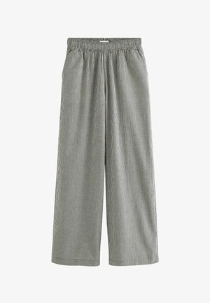 Must-valgetruudusega laia lõikega püksid, millel on elastne vöökoht, mugav istuvus ja kerge kangatekstuur.