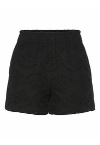 Svarta shorts i texturerad tyg med broderade paisleymönster och små utskärningar. Elastisk midja för en bekväm passform.