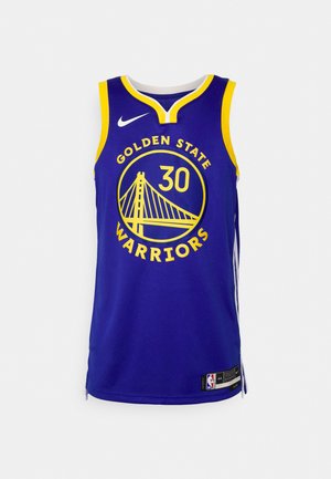Camisola de basquetebol dos Golden State Warriors, azul com detalhes em amarelo, destacando um logo redondo com uma ponte, número 30, e textura em malha.