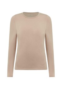 Pitkähihainen, pyöreäkauluksinen paita vaaleassa beigen sävyssä, valmistettu puuvillasekoitteesta. Pinnaltaan sileä ja helmassa hillitty brändäys. Klassinen leikkaus.