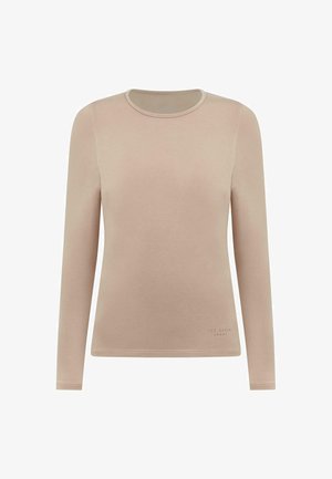 Hosszú ujjú, kerek nyakú ing világos bézs színű pamut keverékből. Simák a textúrája, és diszkrét márkajelzés található az alján. Klasszikus szabás.