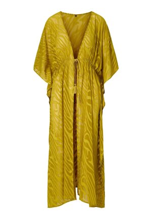 Durchscheinender kaftan in senfgelb mit weiten Ärmeln, tiefem V-Ausschnitt und vorderer Schnürung an der gerafften Taille, mit dezenten zebraartigen Mustern.