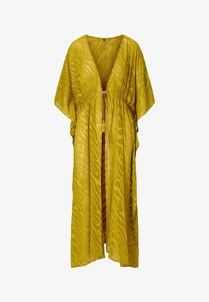 Durchscheinender kaftan in senfgelb mit weiten Ärmeln, tiefem V-Ausschnitt und vorderer Schnürung an der gerafften Taille, mit dezenten zebraartigen Mustern.