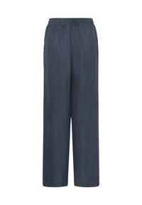 Dunkelblaue, weit geschnittene Hosen mit elastischem Bund aus strukturiertem Stoff, vor weißem Hintergrund dargestellt.