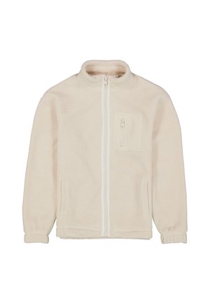 Veste polaire couleur crème avec fermeture éclair frontale complète, col montant, deux poches latérales et une petite poche zippée sur la poitrine gauche.