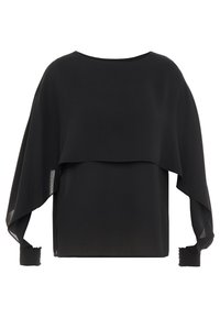 Blusa nera con design fluttuante e stratificato. Presenta un collo a barca e maniche lunghe con polsini elasticizzati, realizzata in tessuto leggero.