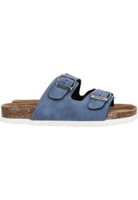 Blaue Wildledersandalen mit zwei verstellbaren silbernen Schnallen, einer Korkfußbett und einer weißen Gummisohle. Glatte Textur mit einem entspannten Design.
