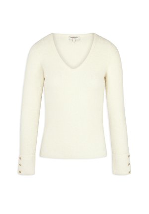 Maglione bianco a costine con scollo a V, maniche lunghe e dettagli in bottone dorato ai polsini. Texture morbida e design aderente.