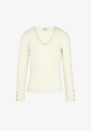 White ribbed V-neck sweater with long sleeves and gold button accents on cuffs. Soft texture and fitted design.