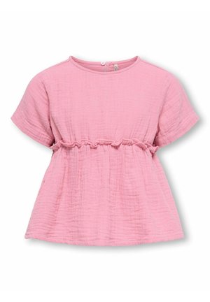 Myk rosa kortermet bluse med rund hals og rynket volangdetalj rundt livet, teksturert stoff.