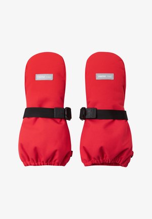 Červené voděodolné rukavice s elastickými manžetami a nastavitelnými černými popruhy. Každá rukavice má šedou značkovou etiketu. Hladká a odolná látka.