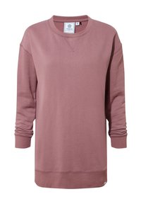 Sweatshirt in dusty rose color, made of soft fabric. Features long sleeves, round neckline, ribbed cuffs, and hem. Logo tag visible.