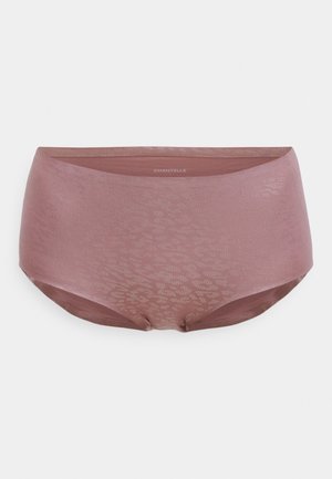 Mauve hipster nohavice vyrobené z hladkej látky s jemným leopardím vzorom. Majú bezšvový dizajn a mäkký elastický pás.